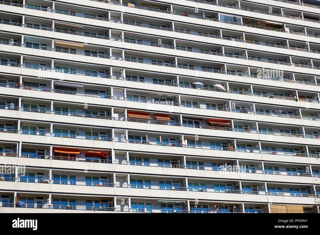Balconies of a prefabricated public housing building seen in Berlin, Germany Stock Photo