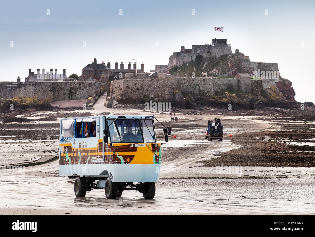 Amphibious vehicle (ferry) take tourists to Elizabeth Castle in St Helier, Jersey, Channel Islands Stock Photo