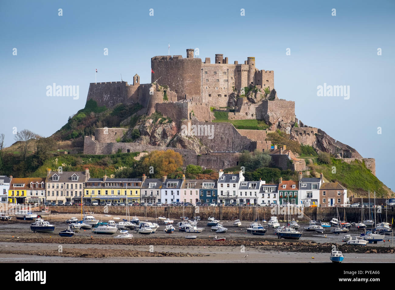 Mount Orgueil Castle also known as Gorey Castle pictured from Long Beach in Grouville Bay Gorey, Jersey Stock Photo