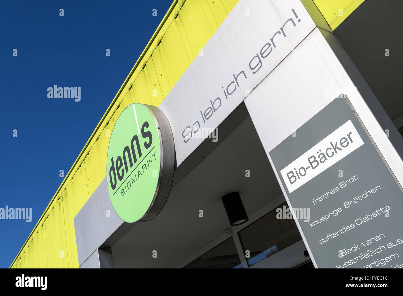 Entrance of a denn’s organic supermarket. Denn’s Biomarkt is a