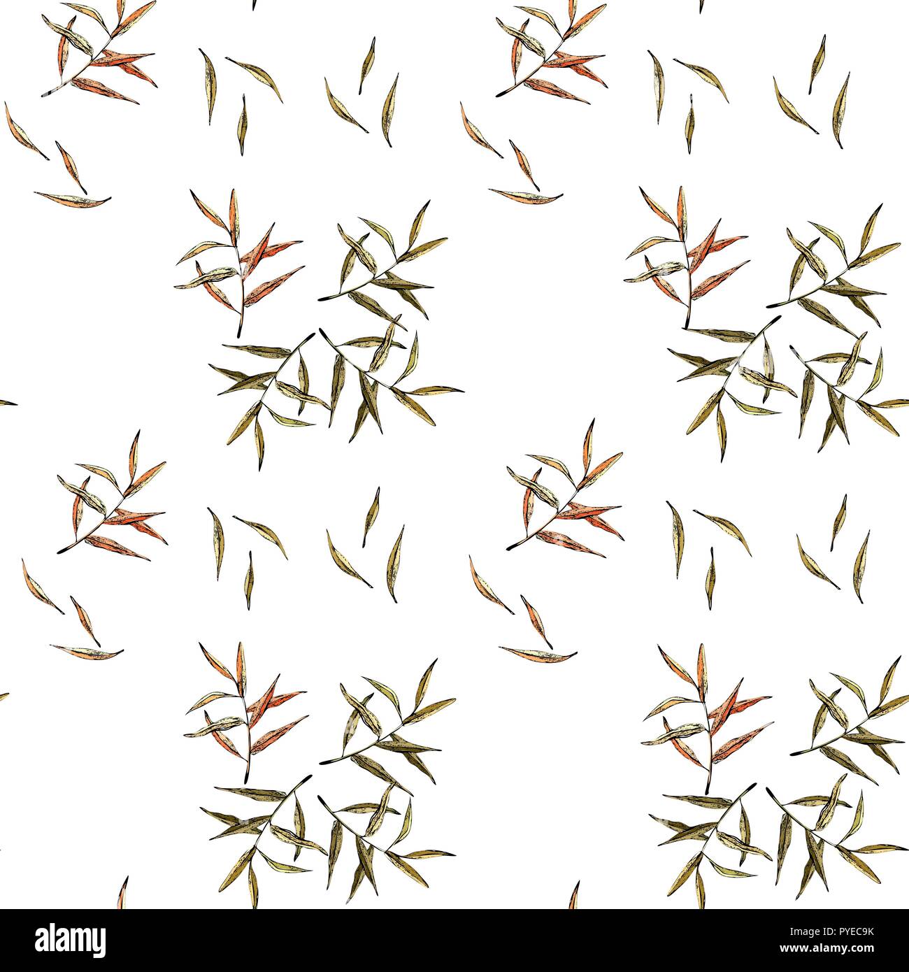 Cute colorful little branches willow leaves seamless pattern on white ...