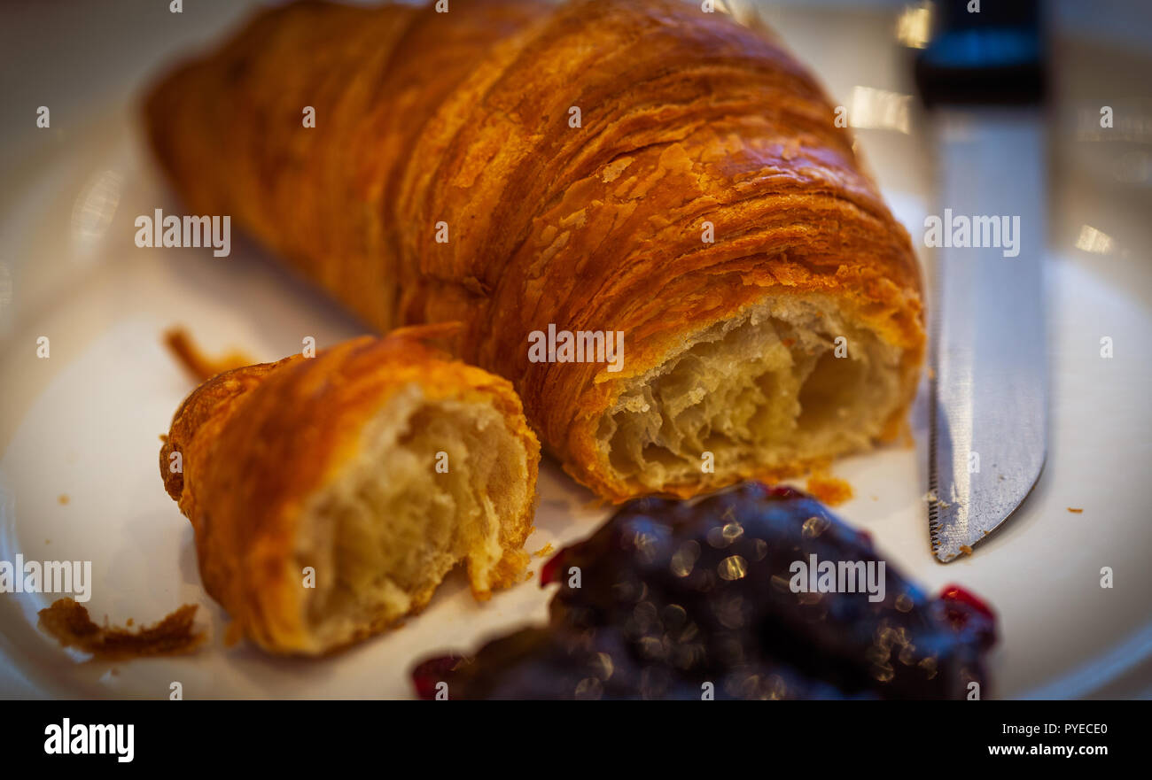 Breakfast Croissant and Fruit Jam Stock Photo