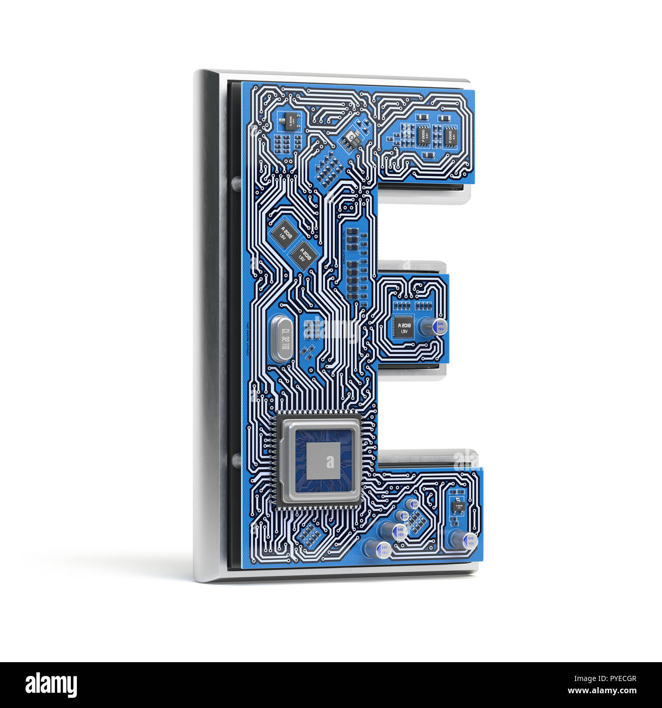Letter E, Alphabet in circuit board style. Digital hi-tech letter isolated on white. 3d illustration Stock Photo