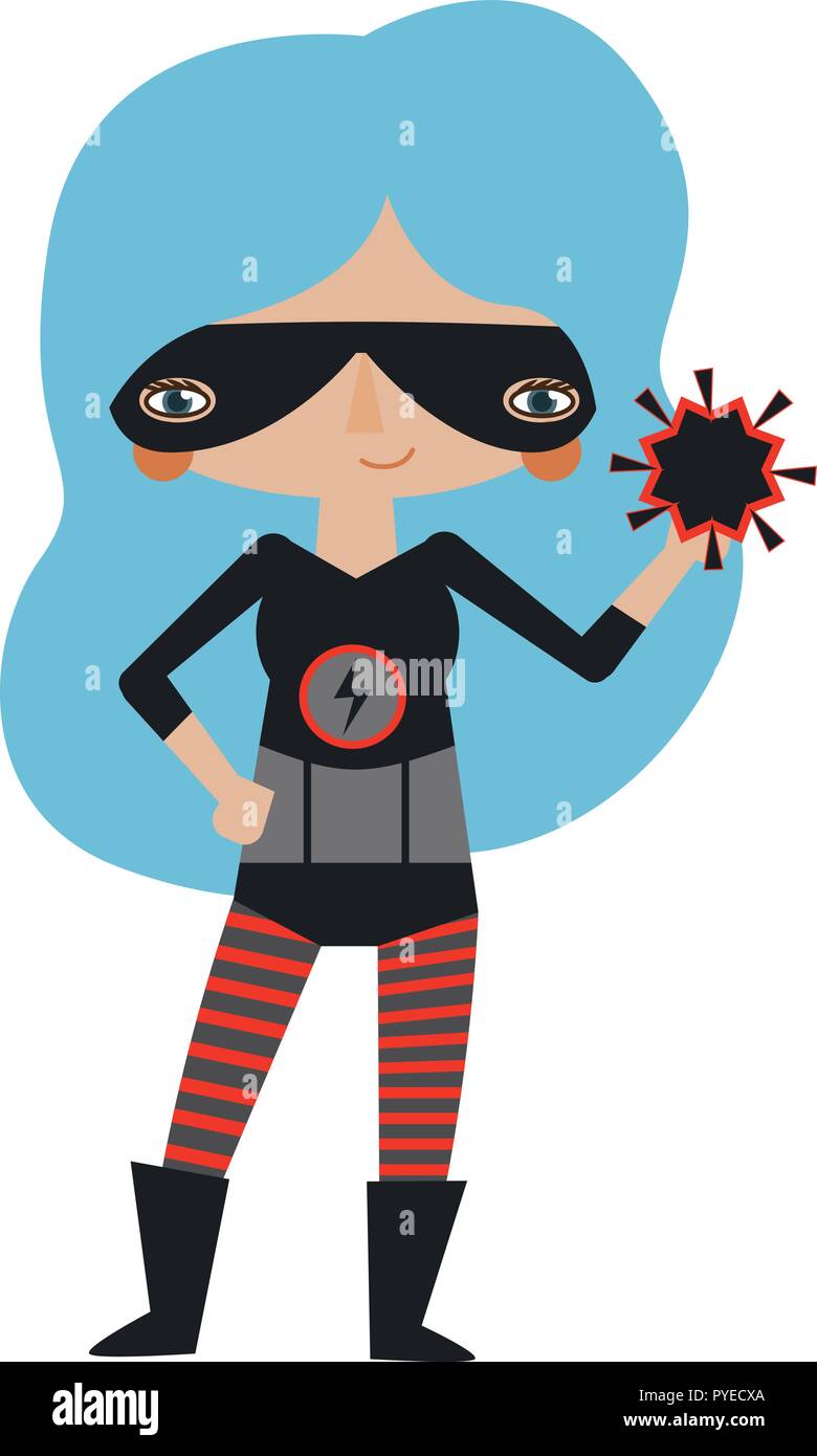 Vector black and red masked superheroine graphic editable illustration with super atomic powers. Use for scrapbooking, crafting, quilting Stock Vector