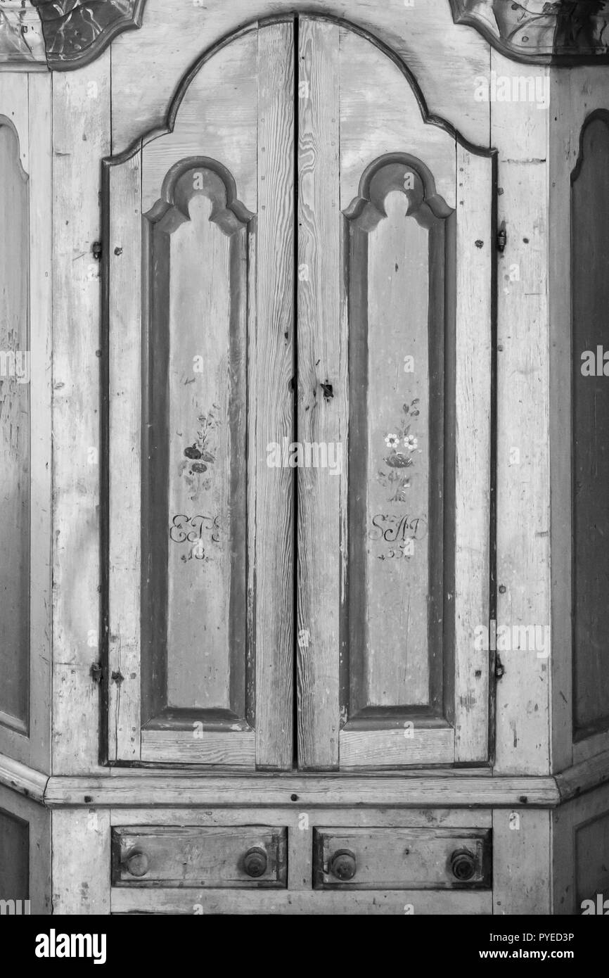Antique or vintage kitchen cupboard in an old Swedish farm house in northern Sweden Stock Photo