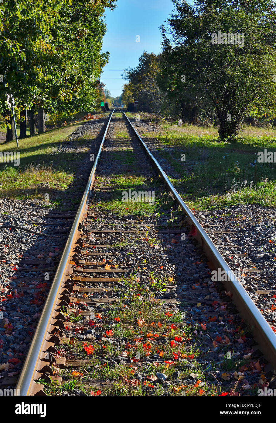 A empty section of train tracks through the town of Sussex New Brunswick Canada. Stock Photo