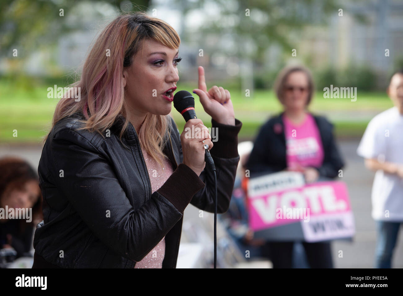 Oct 20, 2018. In a key battleground district in New Jersey, Democratic Challenger Andy Kim holds a ”Women’s Rally” to empower and encourage women to vote in the 2018 Midterms. Nicole Brenner-Schmitz, Director of NARAL endorses the candidate and speaks about womans rights. Andy Kim, a former national security official during the Obama administration and Republican Rep. Tom MacArthur are locked in a “statistical tie” in the 3rd Congessional District in South Jersey. A new Stockton University poll shows MacArthur, a prime mover in the effort to repeal the Affordable Care Act under President Trump Stock Photo