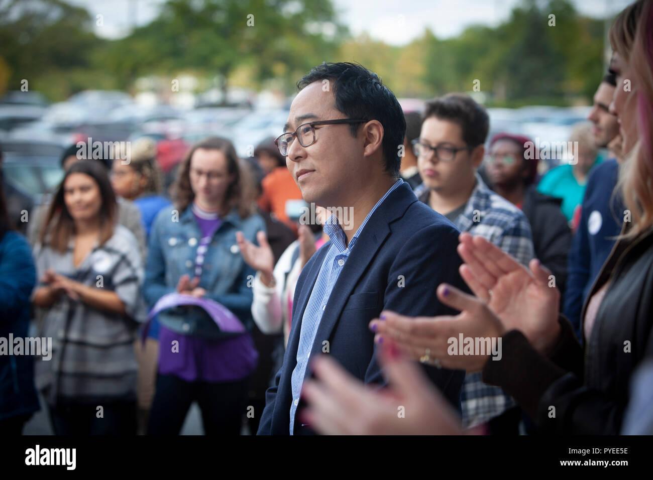 Oct 20, 2018. In a key battleground district in New Jersey, Democratic Challenger Andy Kim holds a ”Women’s Rally” to empower and encourage women to vote in the 2018 Midterms. Andy Kim, a former national security official during the Obama administration and Republican Rep. Tom MacArthur are locked in a “statistical tie” in the 3rd Congessional District in South Jersey. A new Stockton University poll shows MacArthur, a prime mover in the effort to repeal the Affordable Care Act under President Trump, in a fight for his political life against Kim. Photo by Gary Ell Stock Photo