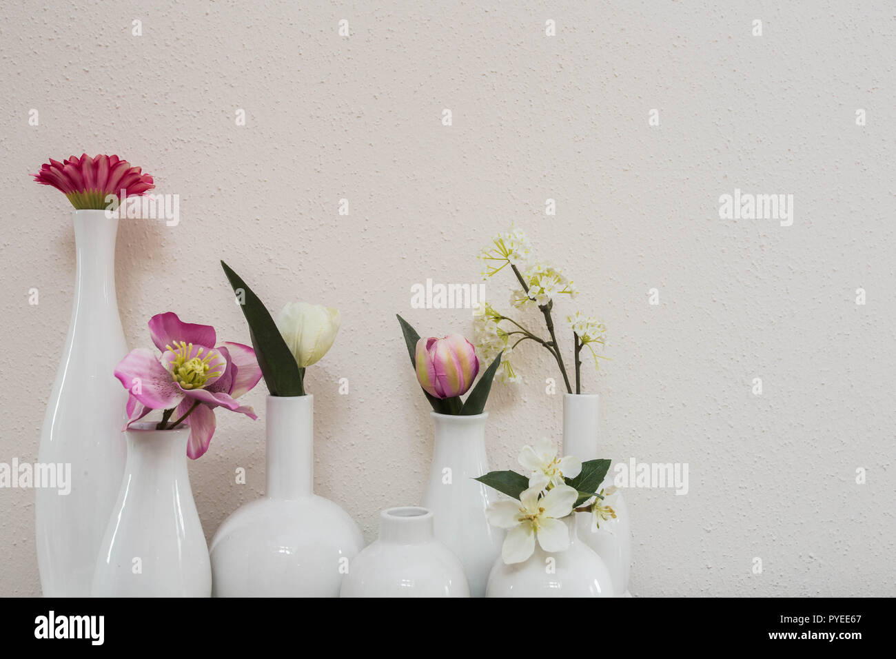 different pink flowers in vases on white background Stock Photo - Alamy