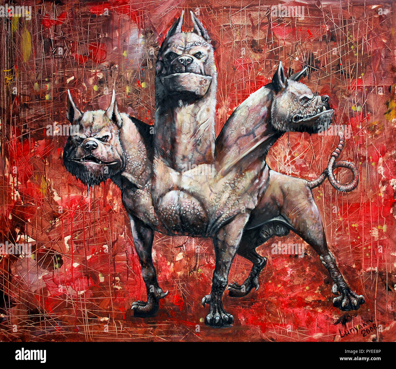 Cerberus - hound of Hades. Terrible three-headed dog from Greek mythology. Museum painting. Stock Photo
