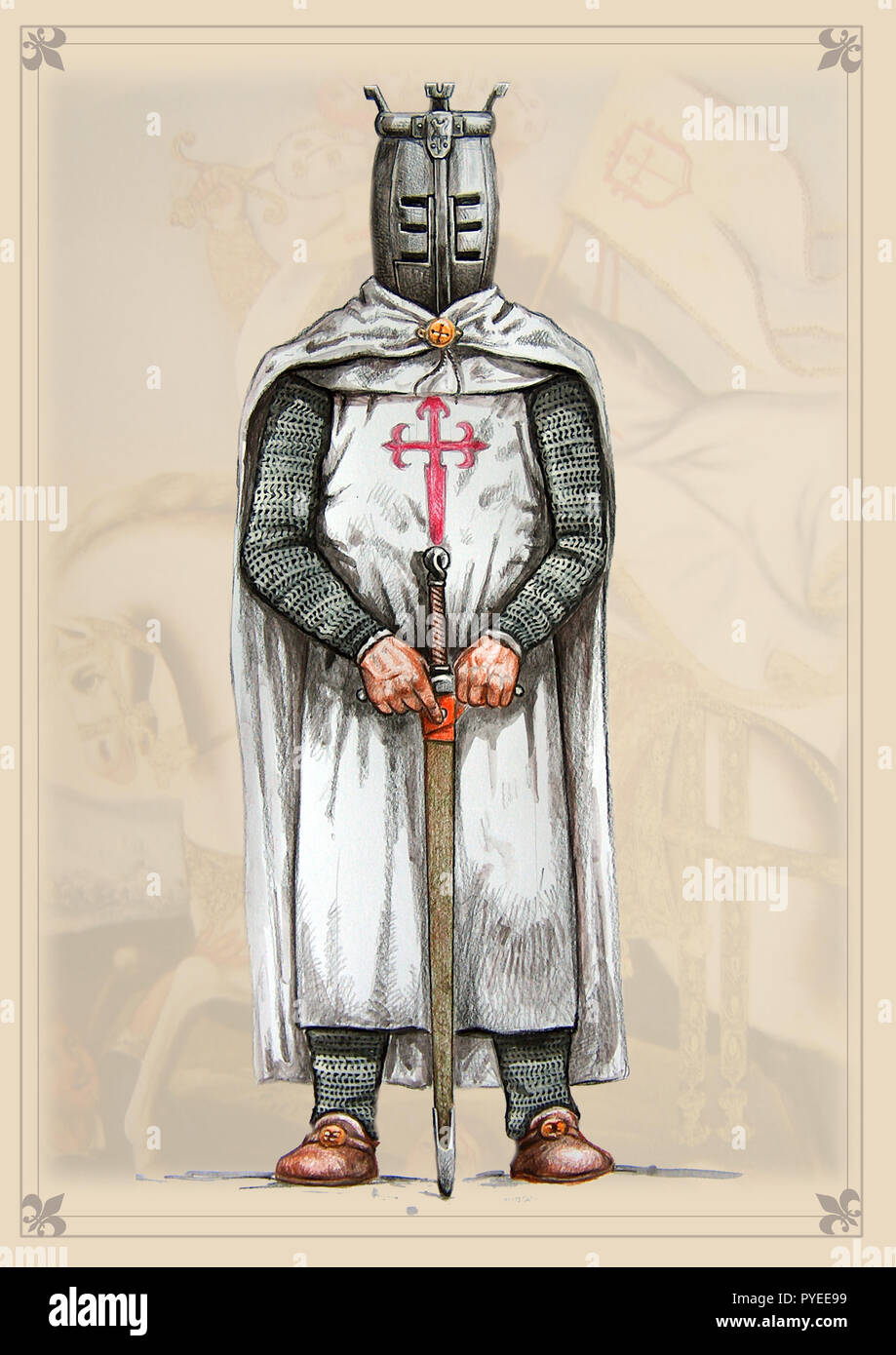 Knight of Order of Santiago, XIIIc. Medieval knight illustration. Crusader with sword. Stock Photo