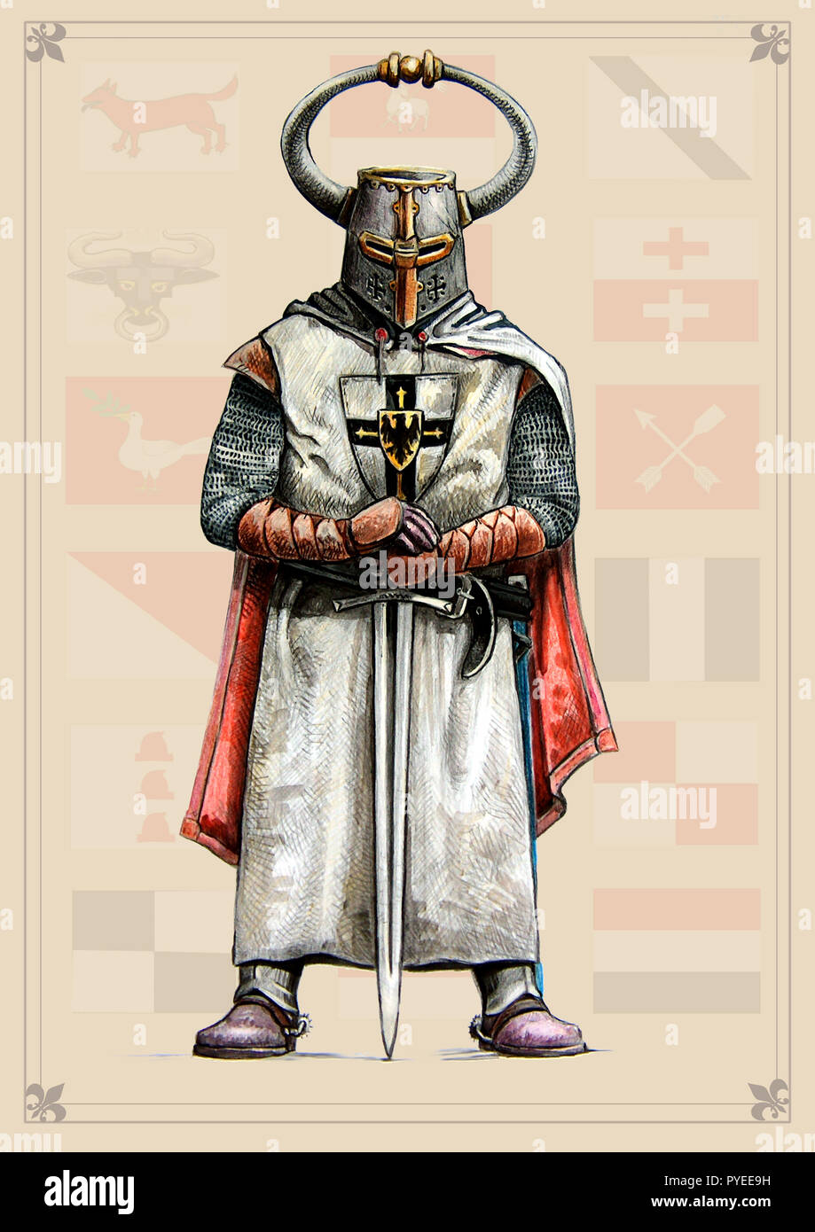Teutonic knight illustration. Medieval knight with helmet. Crusader with sword. Stock Photo