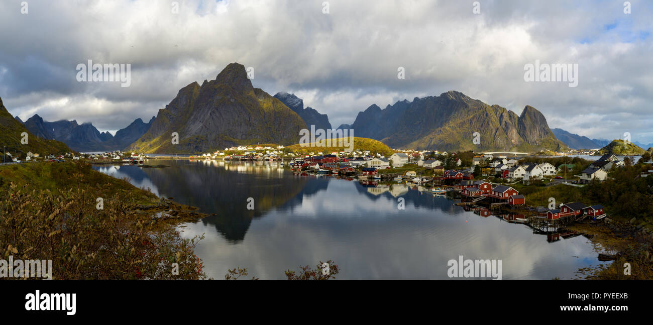 Aerial panorama of Lofoten Archipelago with view of Hamnoy and Lofoten at sunset Stock Photo