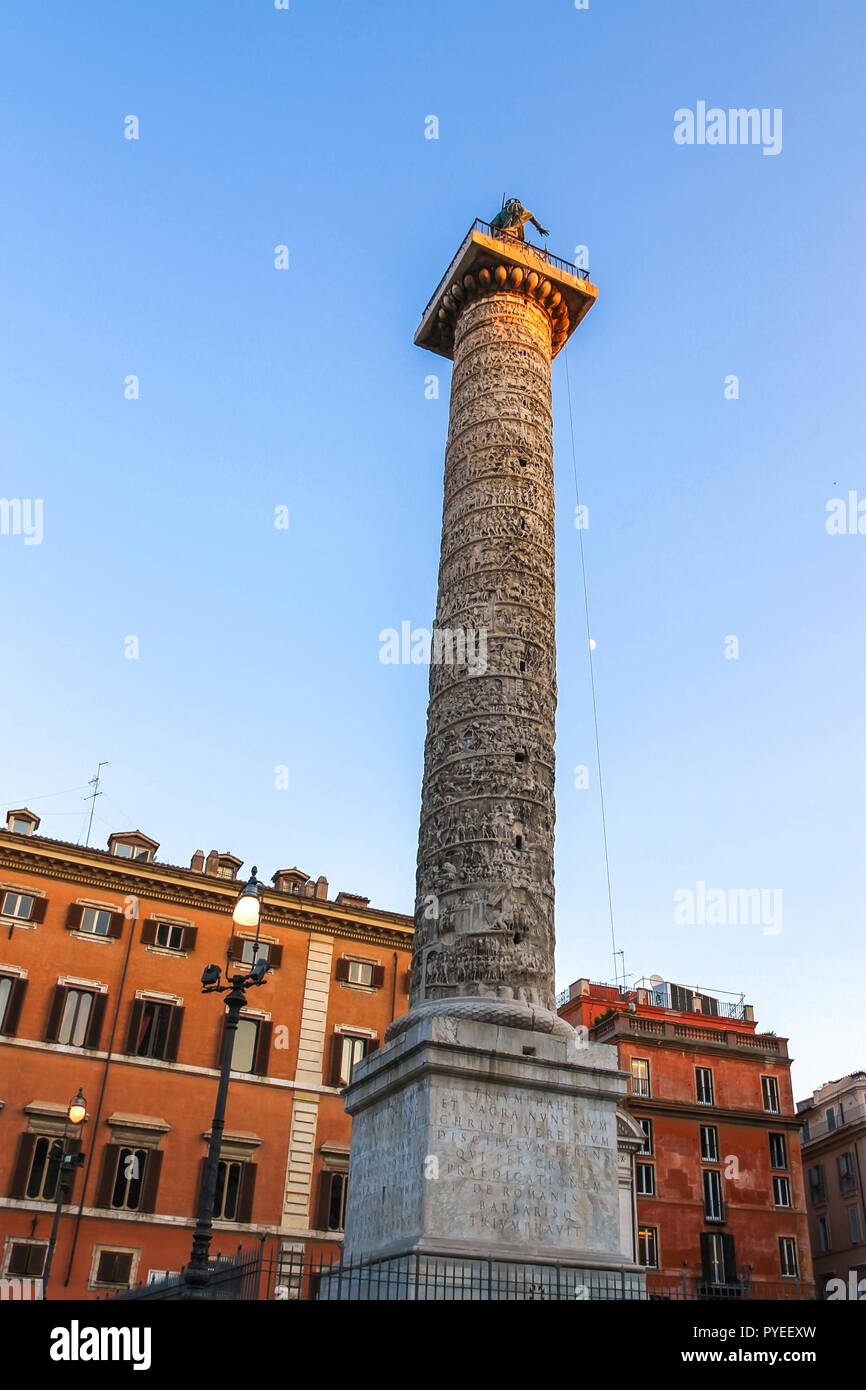 View on the ancient ruins of Marco Aurelio in Piazza Colonna Rome, Italy on a sunny day. Stock Photo
