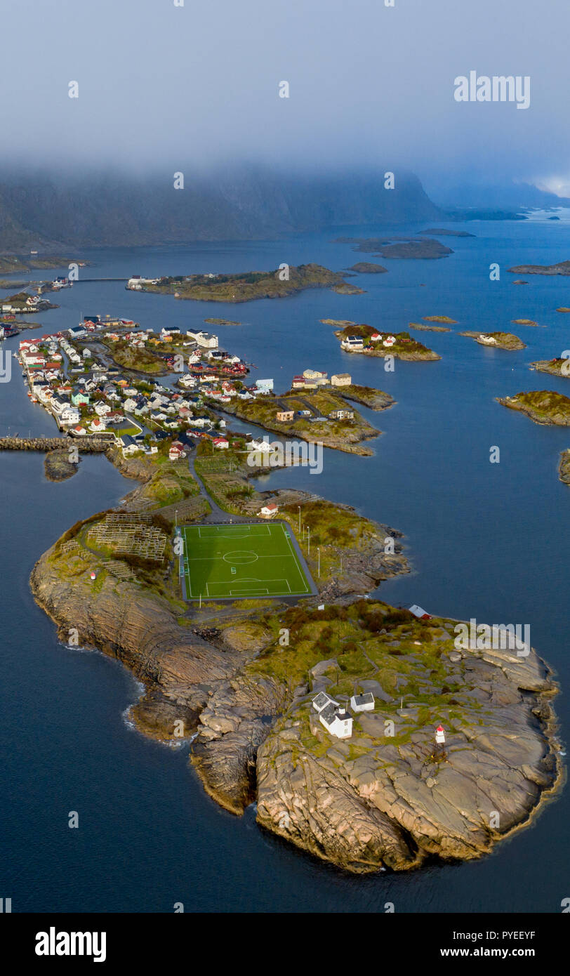 Most remote soccer ground in the world - on Henningsvaer islands, Lofoten Stock Photo