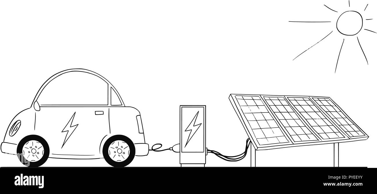Cartoon of Electric Car Recharging at Charging Station by Power From Solar Power Plant Stock Vector