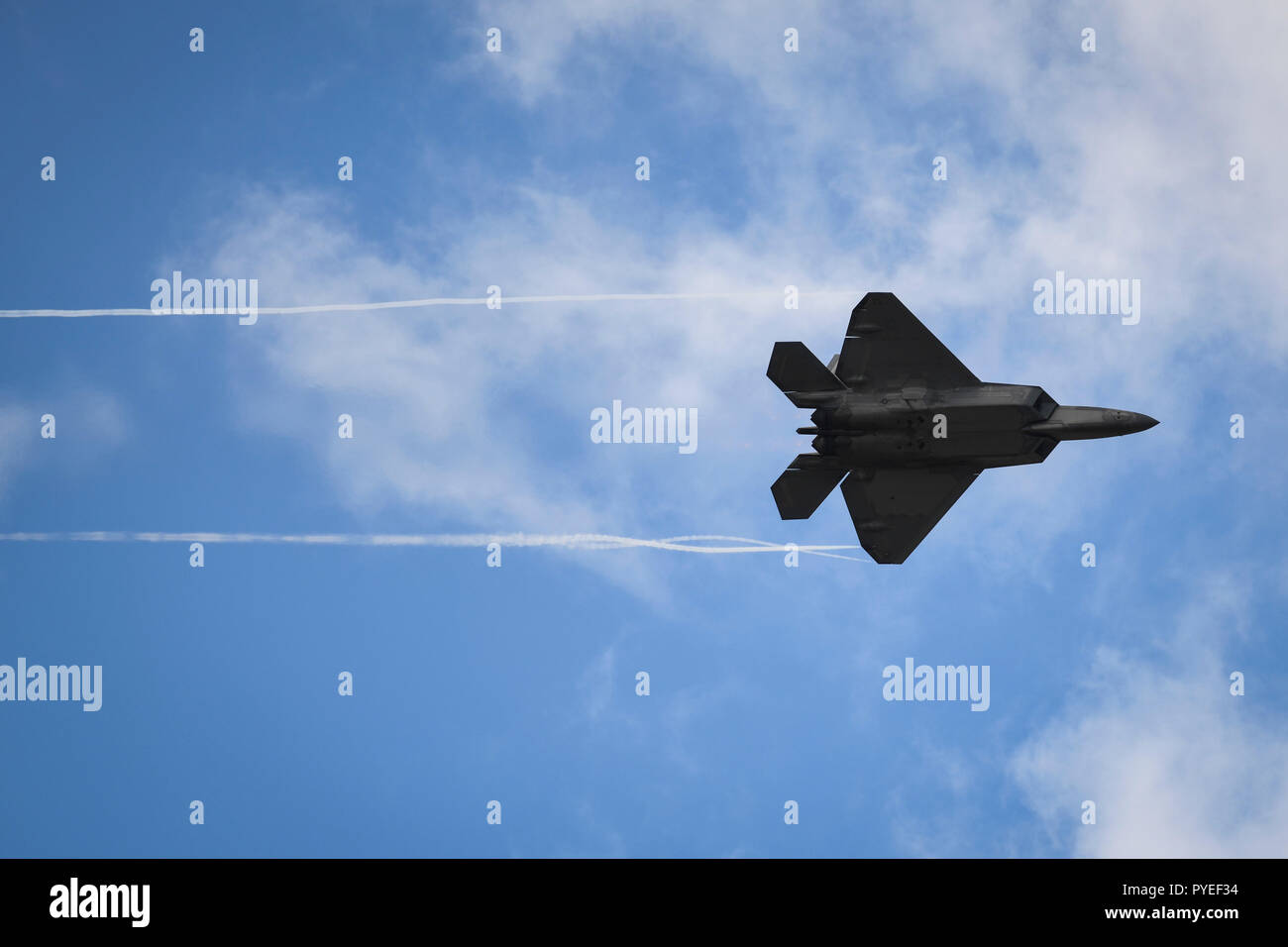 An F-22 Raptor from the Air Combat Commands Raptor Demonstration Team performs a flyover during an aerial demonstration at the U.S. Air Force Master Sgt. John A. Chapman Medal of Honor celebration at Hurlburt Field, Florida, Oct. 26, 2018. During the event, 12 aircraft from across the Air Force participated in an aerial demonstration in honor of Master Sgt. John Chapman, a combat controller who made the ultimate sacrifice during an intense battle in the mountains of Afghanistan. Chapman was posthumously awarded the Medal of Honor on Aug. 22, 2018. (U.S. Air Force photo by Senior Airman Dennis  Stock Photo