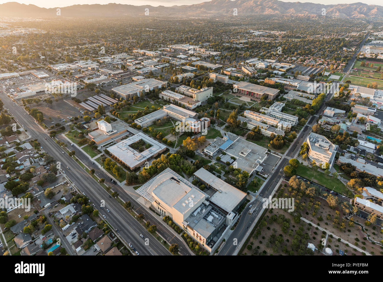 Los Angeles, California, USA - October 21, 2018:  Aerial sunset view of California State University Northridge campus buildings in the San Fernando Va Stock Photo