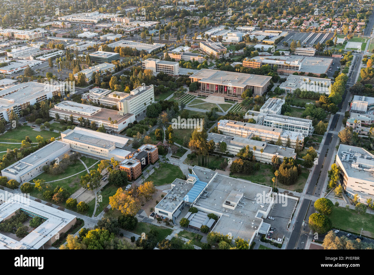 Los Angeles, California, USA - October 21, 2018:  Afternoon aerial view of California State University Northridge campus architecture in the San Ferna Stock Photo