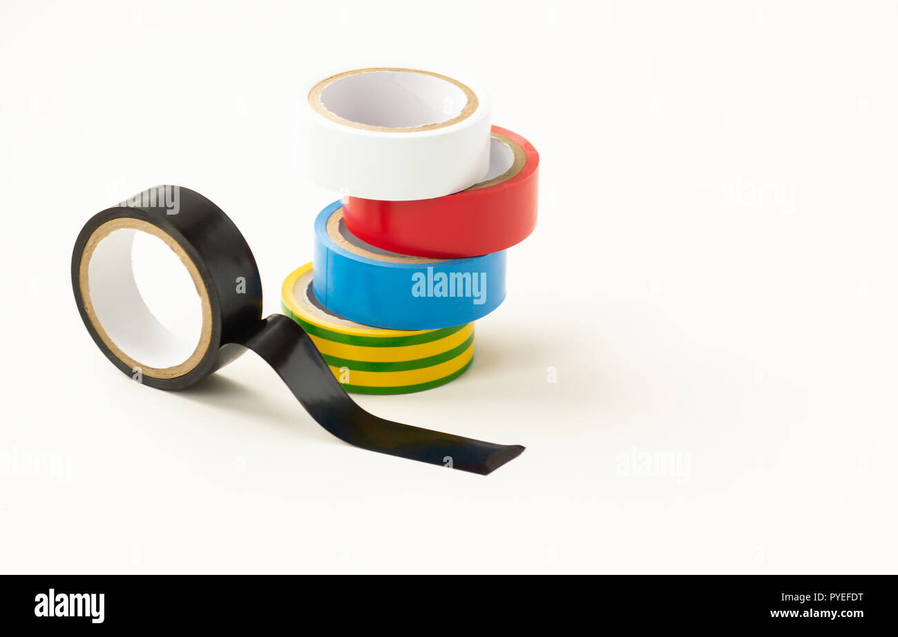 Close-up. Multicolored insulating tape on a white background. Stock Photo