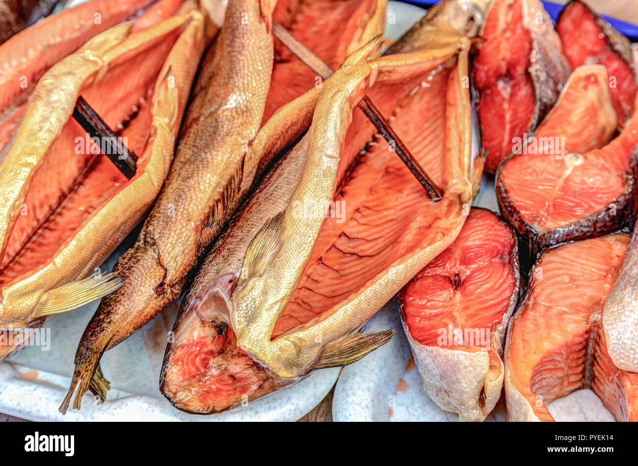 Smoked fish ready to sale at the local farmers market Stock Photo Alamy