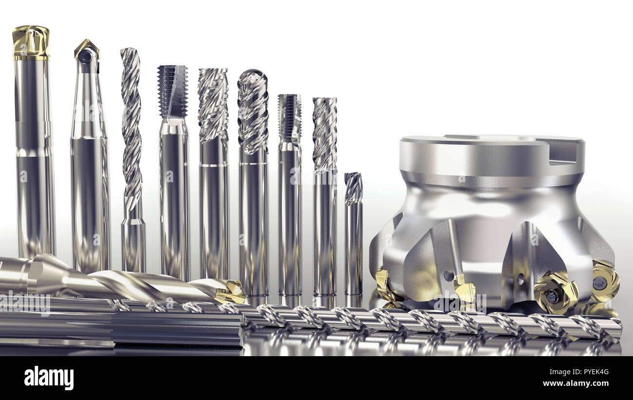 Industrial metalworking tools, different milling cutter tools on white background, 3D rendering