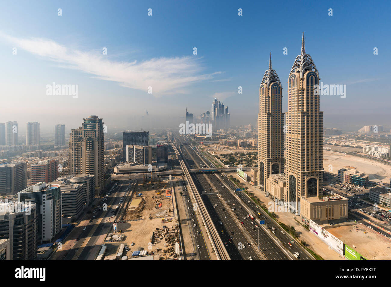Sheikh Zayed Road, Dubai, UAE, looking south with the Business Central Towers prominent Stock Photo