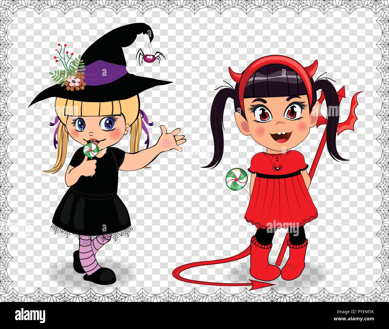 Cartoon characters of little cute baby girls in Halloween costumes framed with cobweb isolated on transparent background. Vector illustration, clip ar Stock Vector