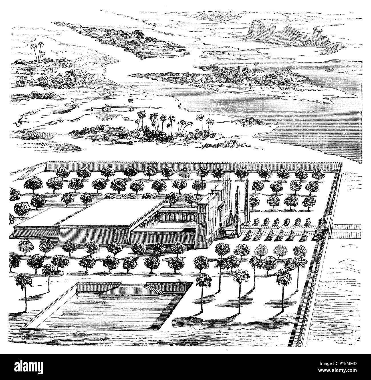 View of a larger Egyptian temple complex, 1887 Stock Photo