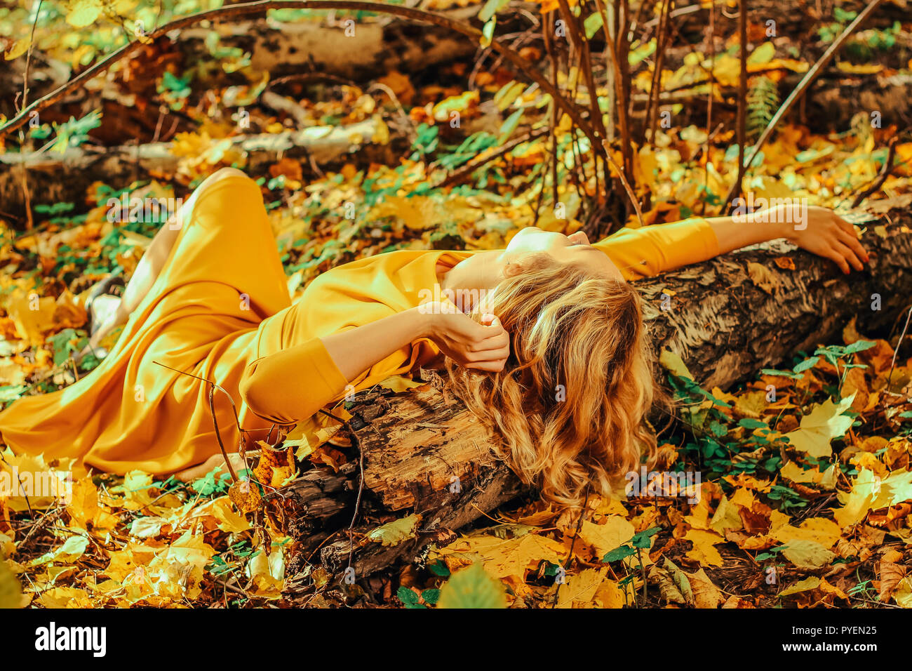 Young beautiful girl in a long yellow dress lying on the ground of the ...