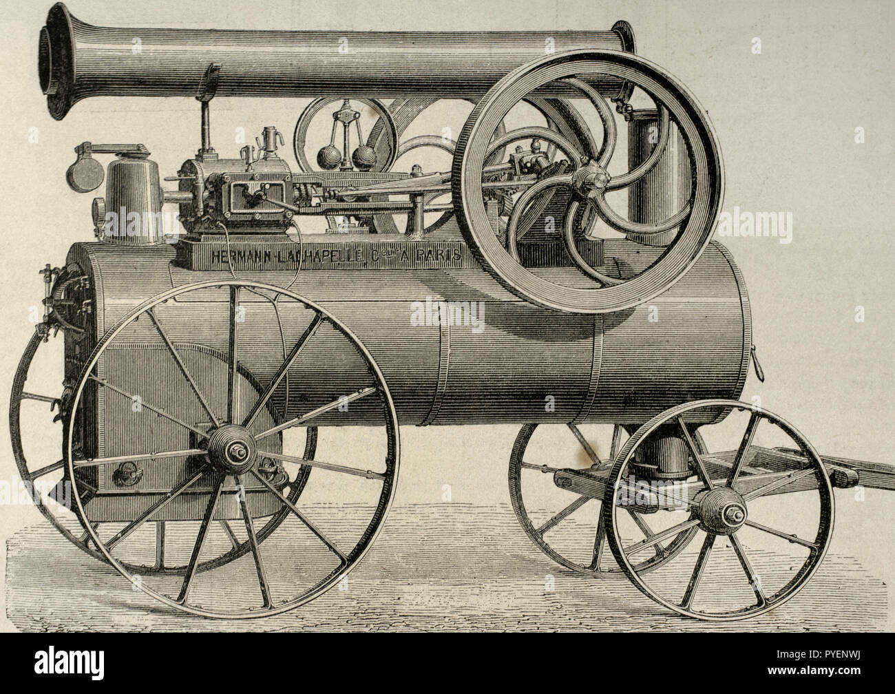 Steam machine, horizontal, locomobile, mounted on wheel train. Built by the engineer and mechanic J. Hermann-Lachapelle. Engraving. La Ilustracion Española y Americana, 1876. Stock Photo