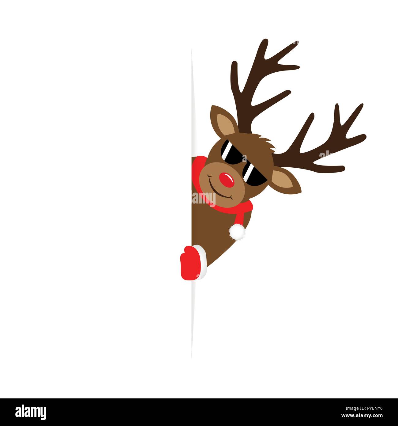 cute reindeer with sunglasses looks around the corner christmas design ...