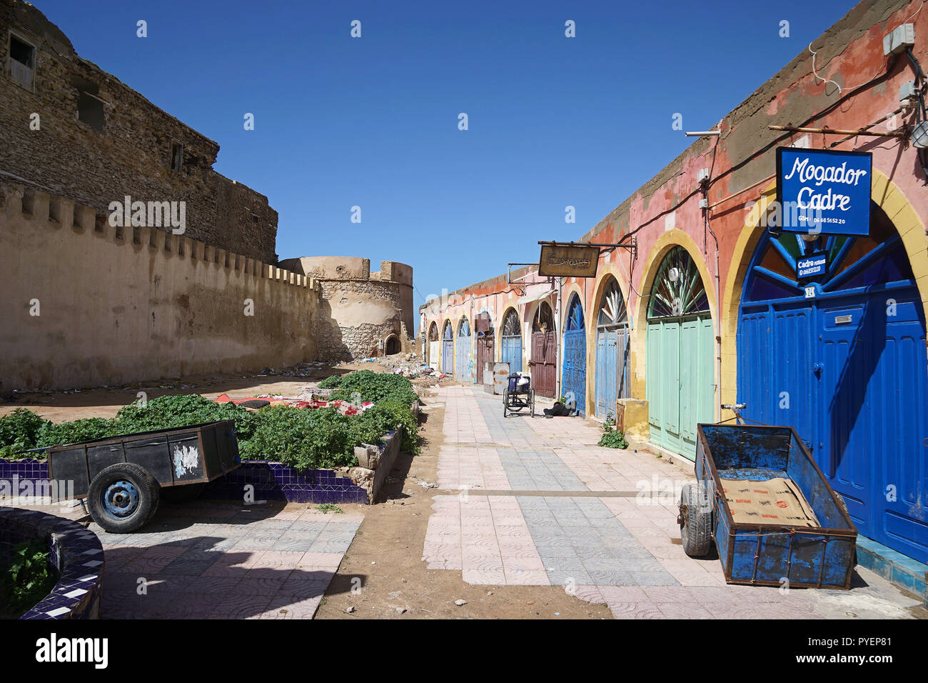 Old street at the city wall in medina of Essaouira, Morrocco, Africa Stock Photo