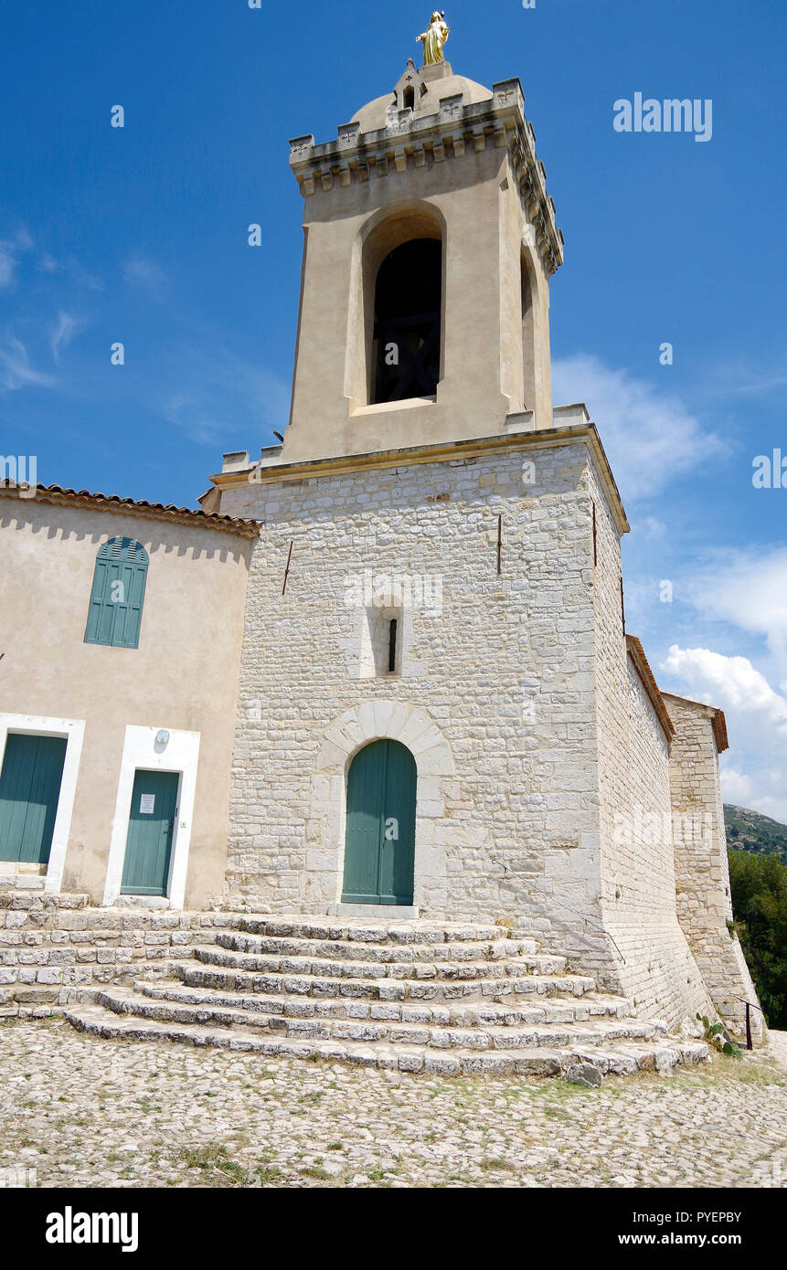 The small pilgrimage church known as Notre-Dale-du-Chateau d’Allauch on a steep hill above the small town of Allauch near Marseille Stock Photo