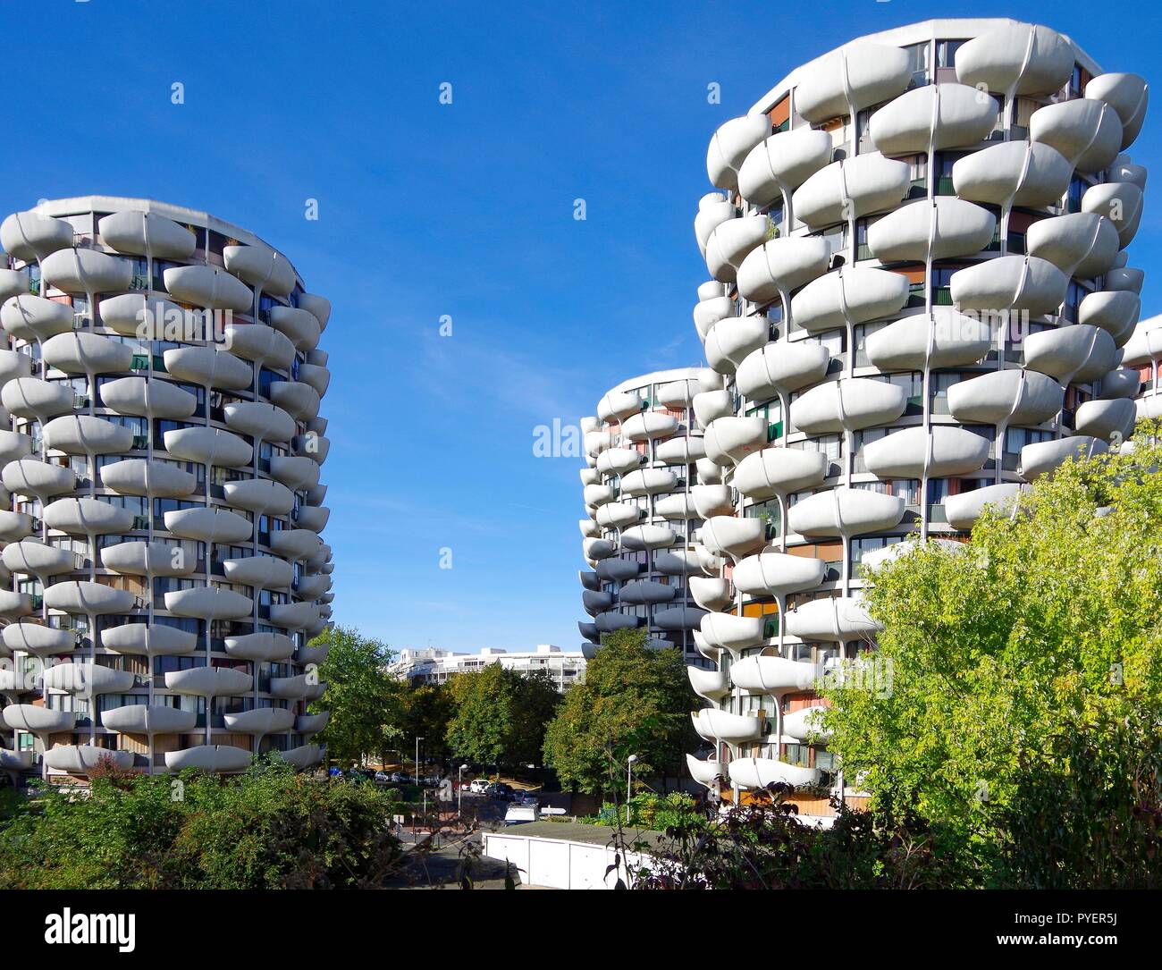 Les Choux de Creteil, a mostly high-rise housing estate in suburban Paris, with curved concrete balconies which create private open air spaces Stock Photo