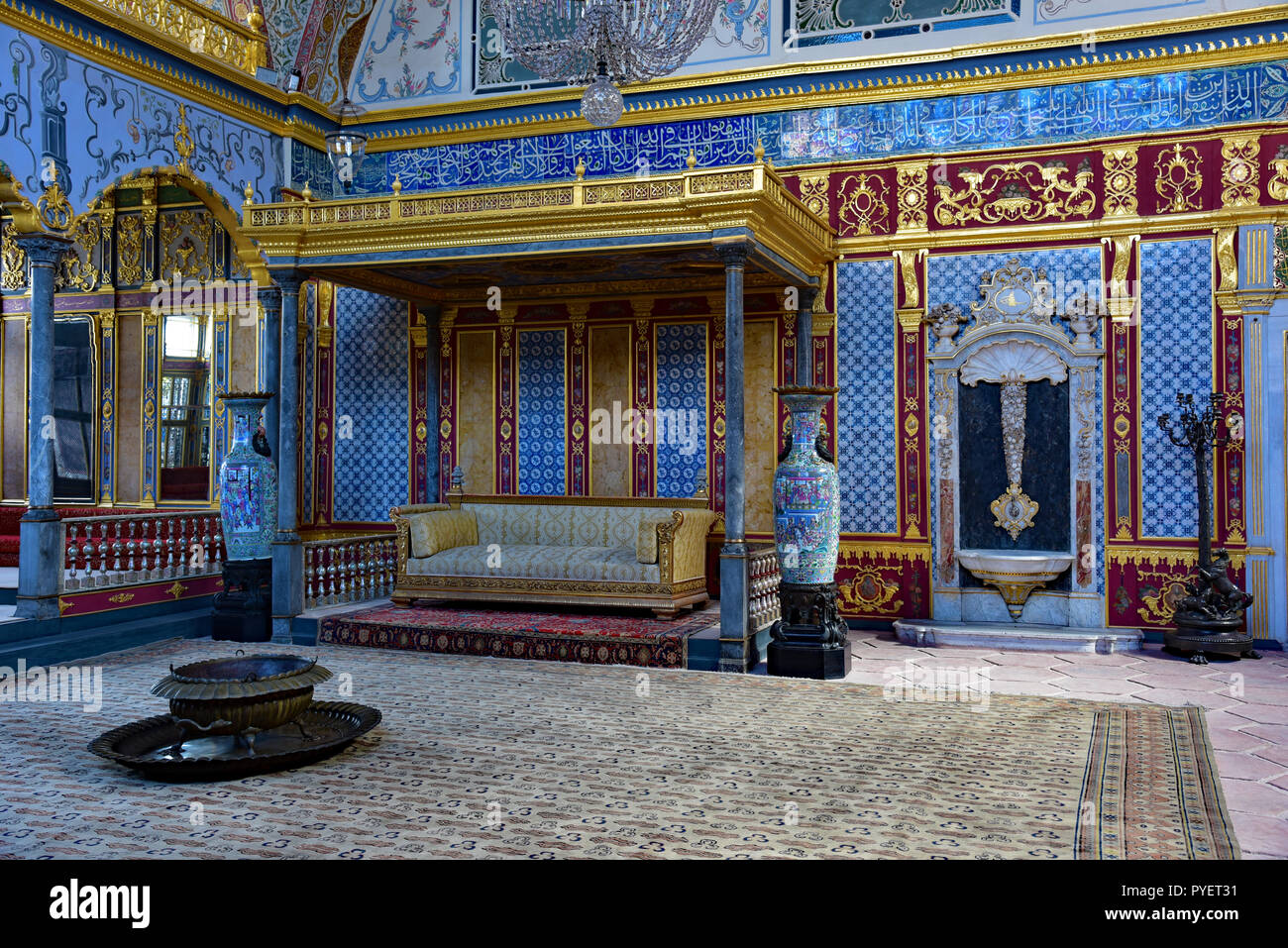 Imperial Hall, Harem, Topkapi Palace was a room used for entertainments. The sultan would view the proceedings from his large throne, Istanbul, Turkey. Stock Photo