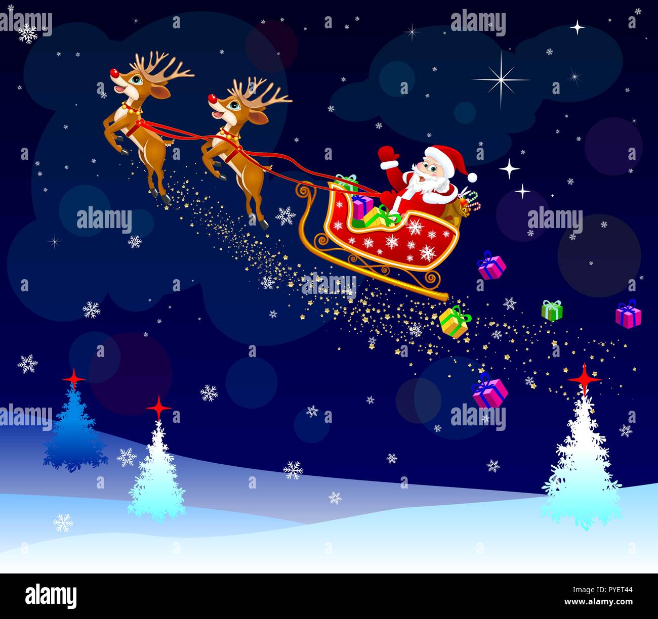 Santa Claus on his sleigh, harnessed by deer. Santa Claus with gifts on his sleigh. Stock Vector