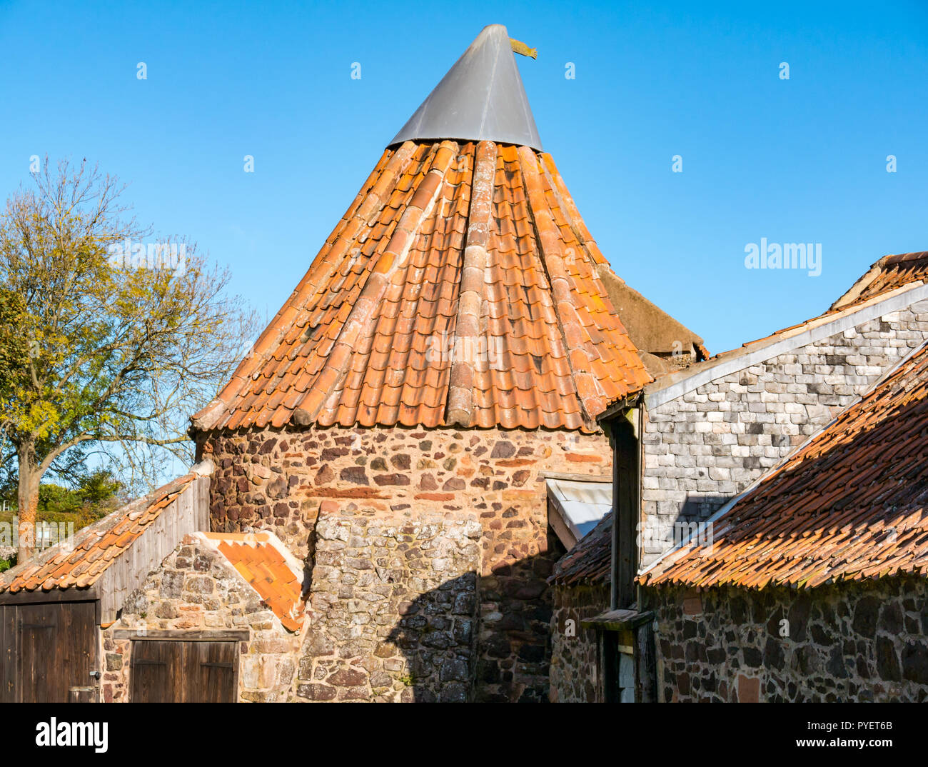 Quirky 18th century pantile roofed watermill, Preston Mill,  East Linton, East Lothian, Scotland, UK Stock Photo