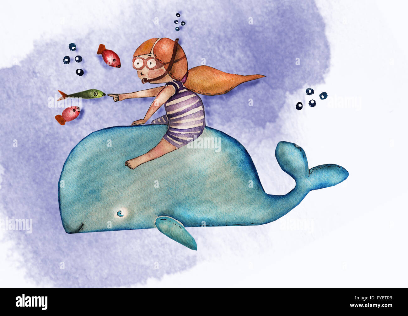 Watercolor painted cute little girl cartoon character isolated on blue. Children's book illustration. Watercolor cute girl with red hair in striped sw Stock Photo - Alamy Watercolor painted cute little girl cartoon character isolated on blue. Children's book illustration. Watercolor cute girl with red hair in striped sw Stock Photo - Alamy