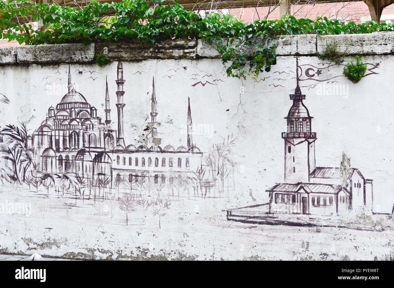 Istanbul, TURKEY, September 25 - 2018. Graffiti with symbols of Istanbul - mosque and maiden tower. Street art Stock Photo