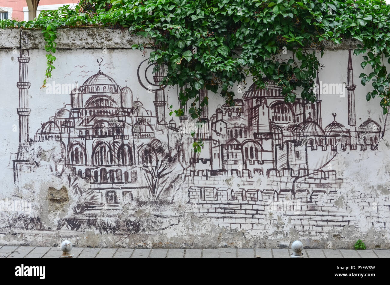 Istanbul, TURKEY, September 25 - 2018. Mosques of Istanbul painted on a wall, Street art Stock Photo