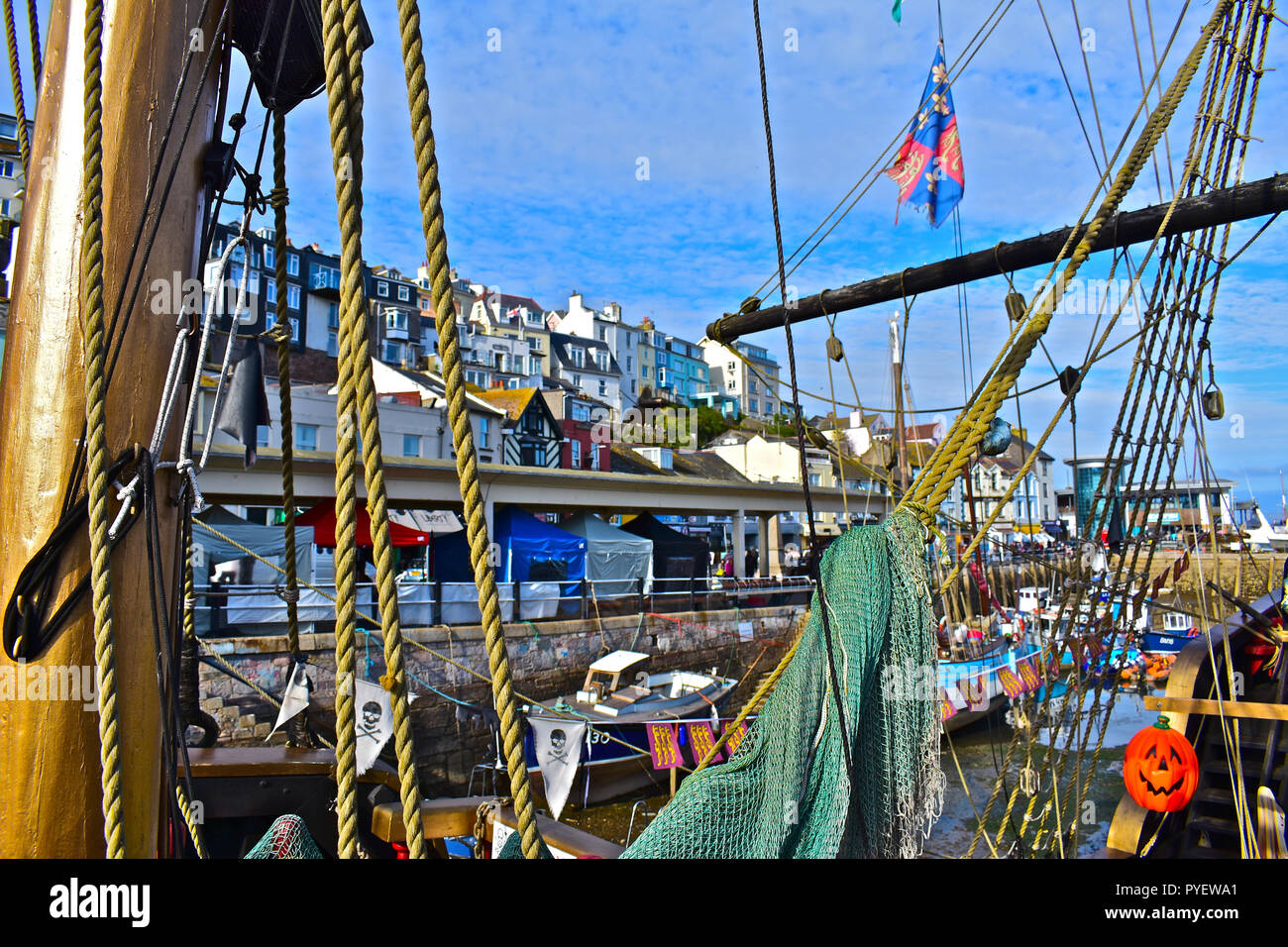 The Golden Hind replica moored in Brixham, Devon, UK