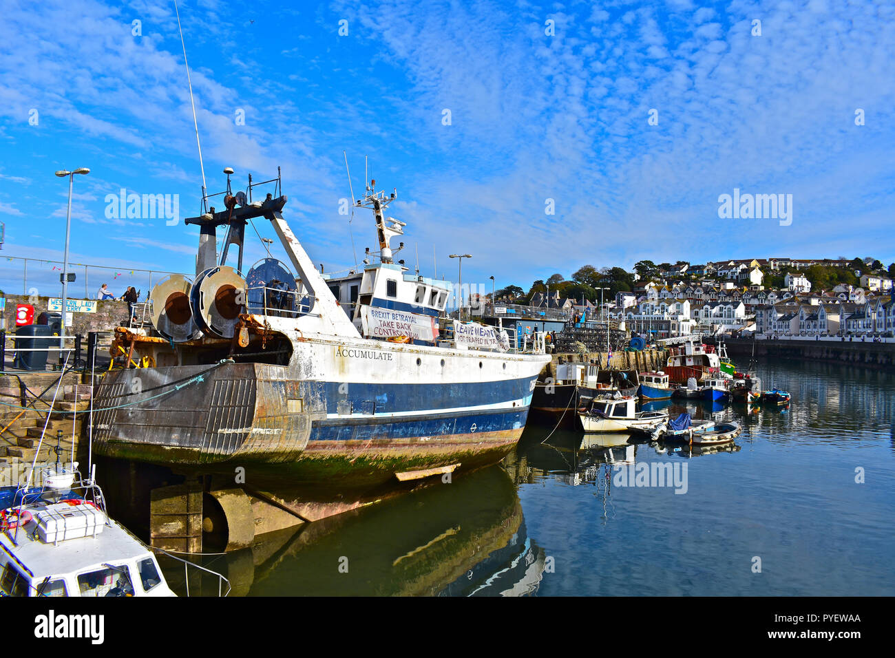 A trawler and assorted other fishing boats tied up along the quayside in the pretty harbour at Brixham, Devon England, UK Stock Photo