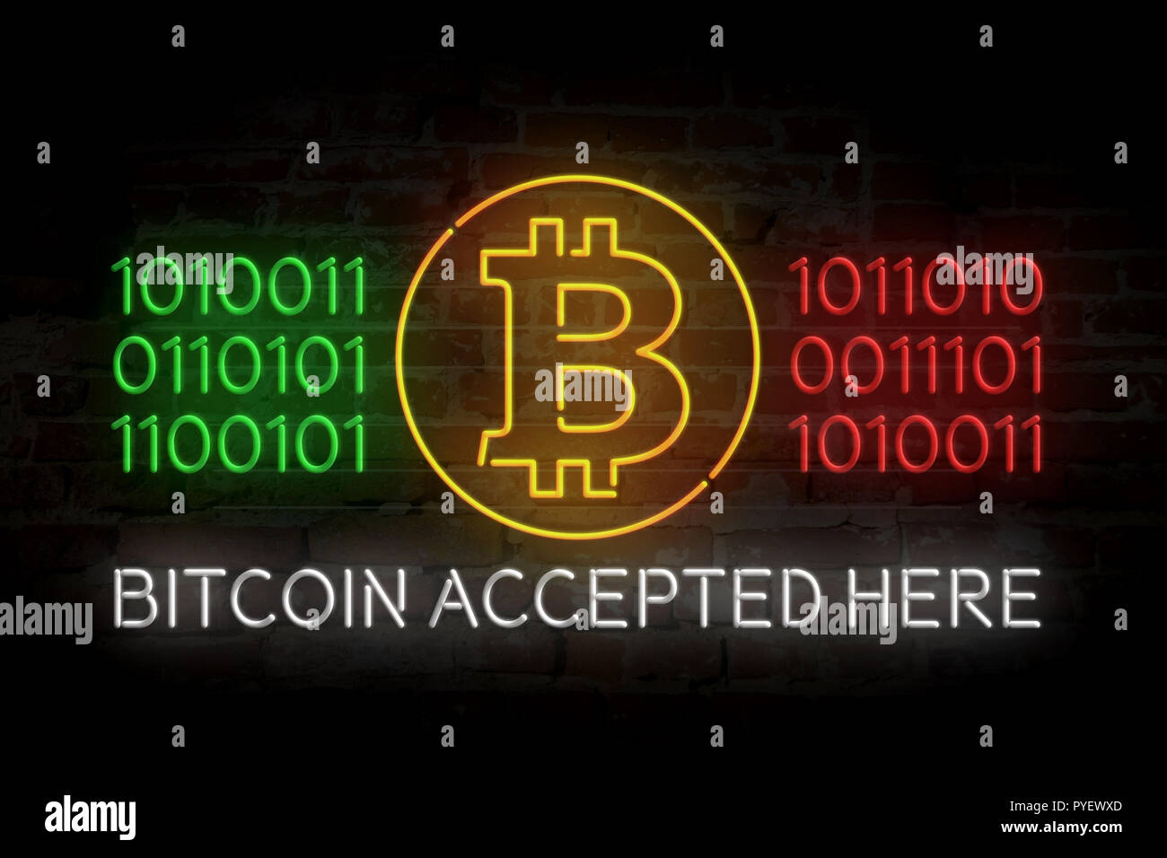 Bitcoin accepted here neon lights on brick wall abstract background 3D  illustration. Blockchain crypto currency symbol Stock Photo - Alamy