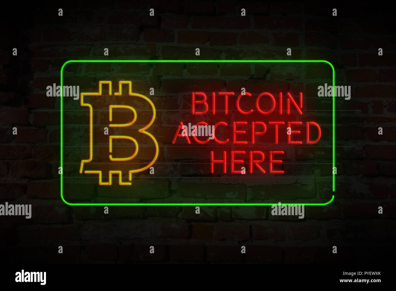 Bitcoin accepted here neon lights on brick wall abstract background 3D  illustration. Blockchain currency symbol Stock Photo - Alamy