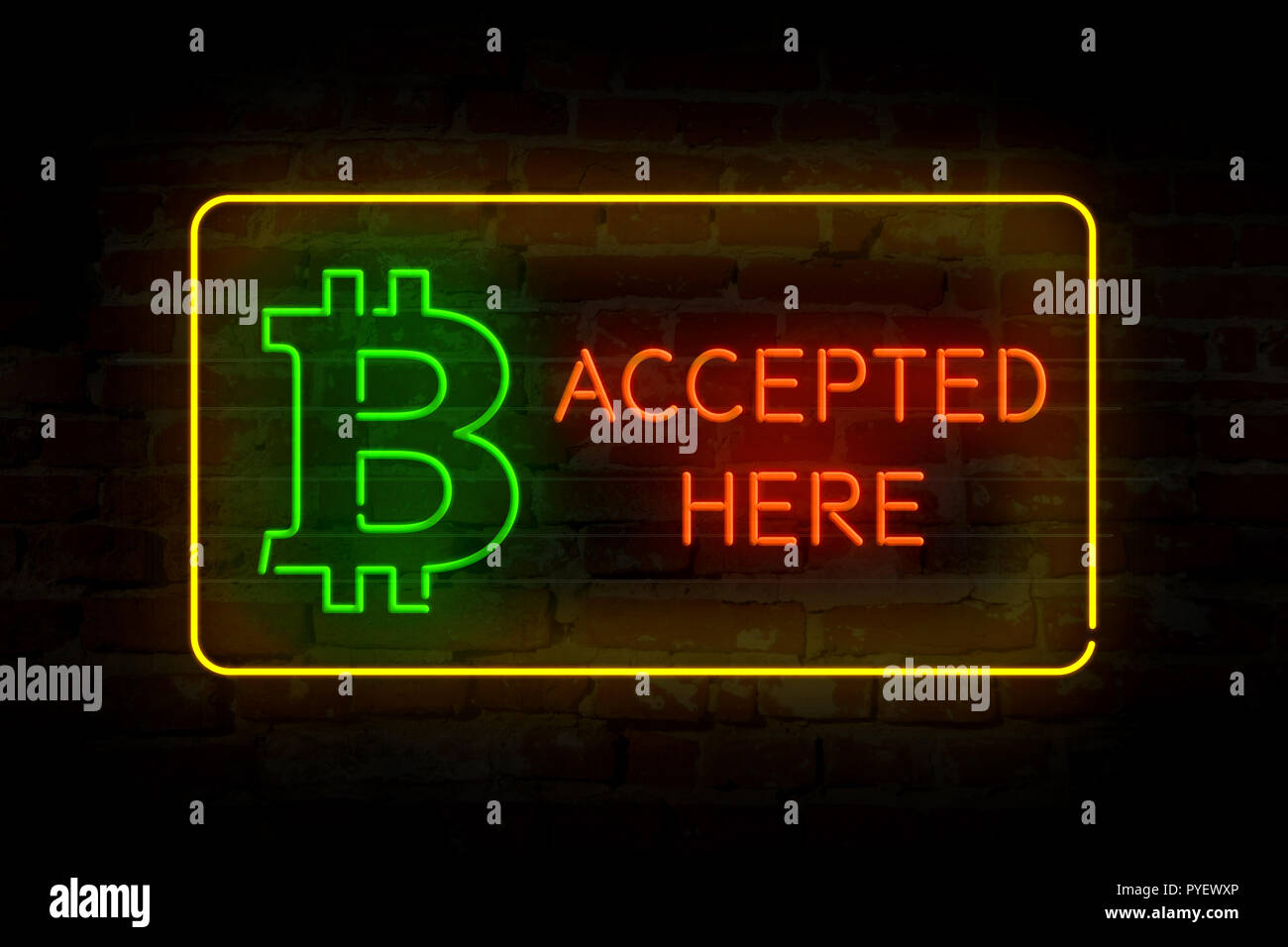 Bitcoin accepted here neon lights on brick wall abstract background 3D  illustration. Blockchain crypto currency symbol Stock Photo - Alamy
