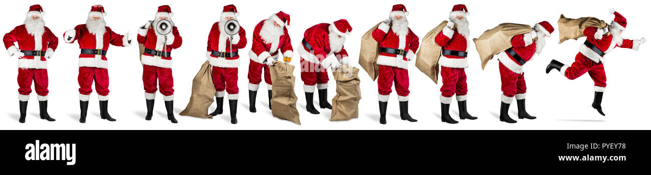 Big set collection collage of santa claus red white various poses situations funny traditional isolated background Stock Photo