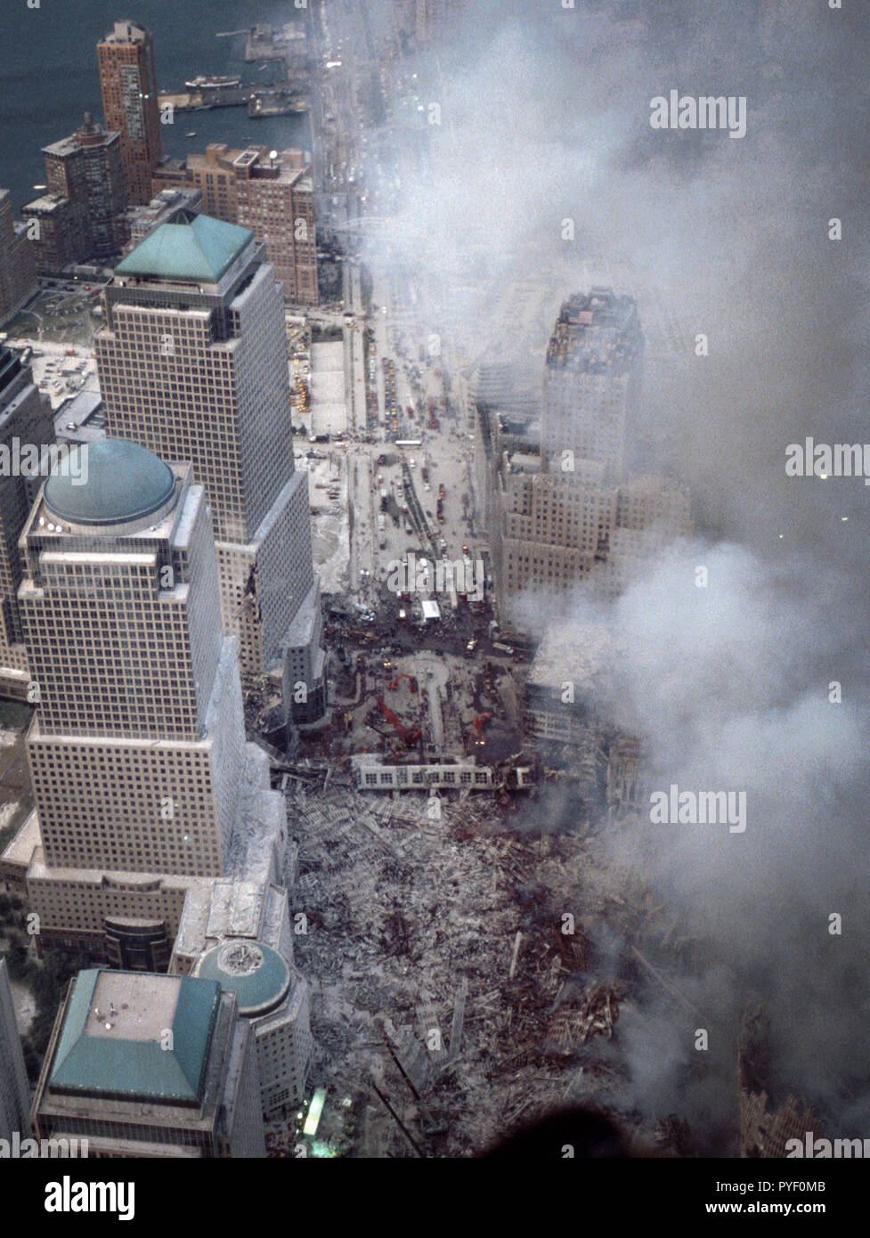 Sep 13, 2001 - Aerials of the smoldering World Trade Center, Ground Zero site following the 9/11, 2001 terrorist attacks. Photo by Gary Ell Stock Photo