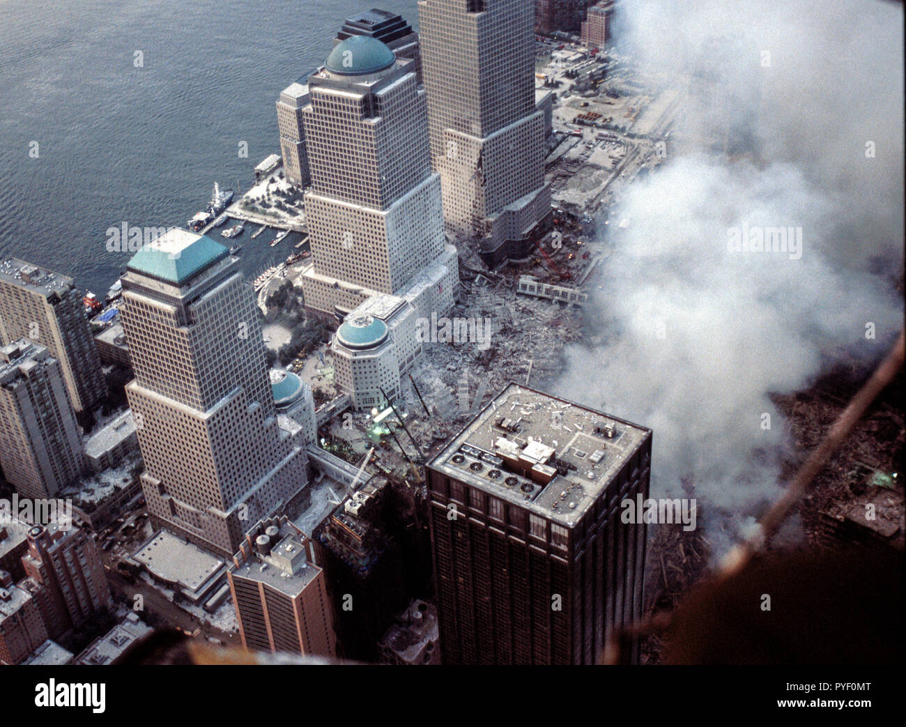 Sep 13, 2001 - Aerials of the smoldering World Trade Center, Ground Zero site following the 9/11, 2001 terrorist attacks. Photo by Gary Ell Stock Photo