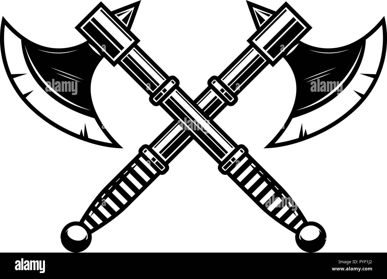 Crossed medieval axe. Design element for label, badge, sign. Vector